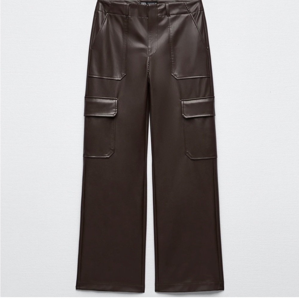 Zara Dark Brown Faux Leather Cargo Wide-Leg Pants